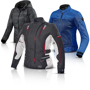 Women's motorcycle jackets in grey, blue and camouflage with a sporty cut and integrated protectors.